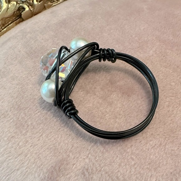 Handmade Sparkling Wire Wrapped Ring Black Glass AB Pearls Metal Hand Done - Picture 4 of 5